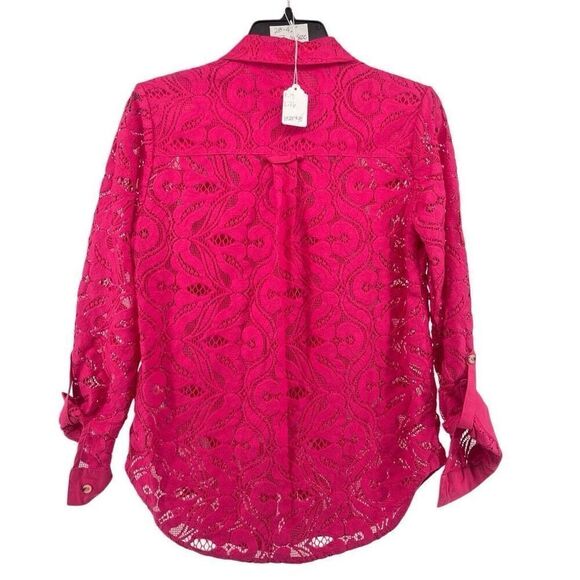 Maeve By Anthropologie Women’s Pink Open Lace Slim Button Down Blouse Top Size 4 - Picture 3 of 15